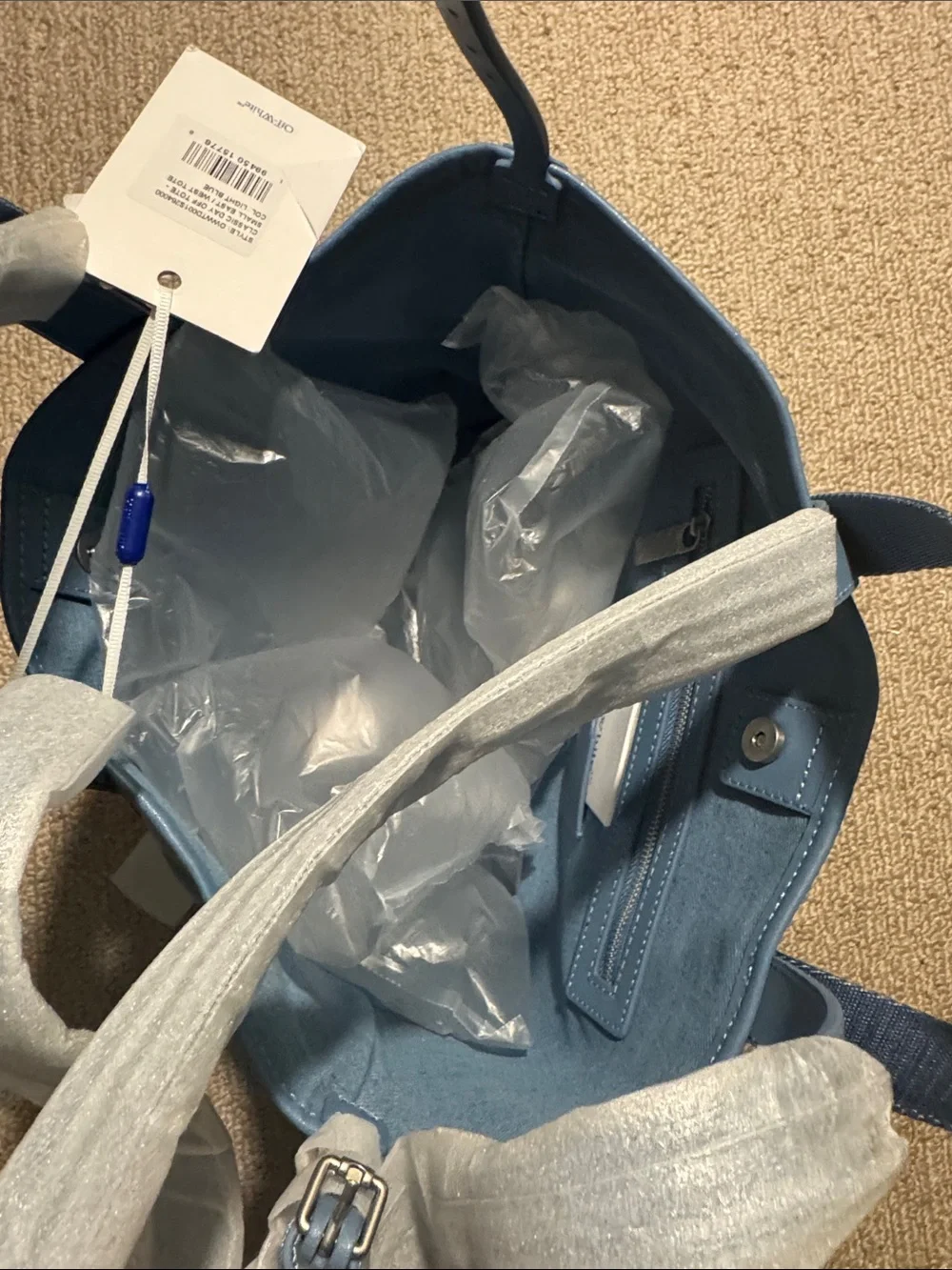 Off-White Blue Canvas Tote with Signature Stitch Motif